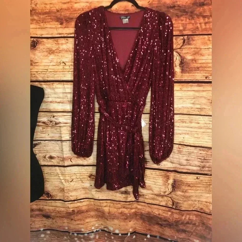 🍒💃🏻Cherry Bomb💃🏻🍒 Red Burgundy Long sleeve Sequin Wrap Dress NWT - Picture 2 of 14